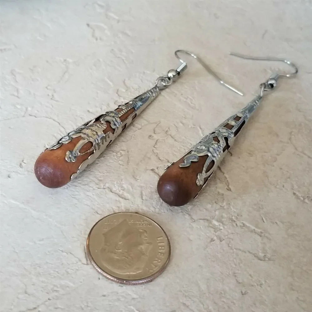 Hand Crafted Victorian Style Brown Wood Silver Filigree Teardrop Earrings - Picture 6 of 7
